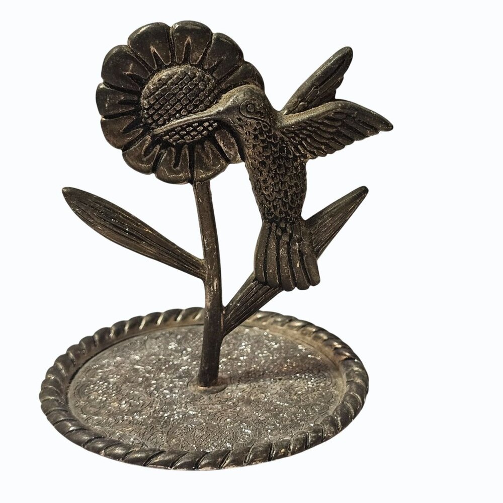 Hummingbird & Flower Figurine Silver-Tone Metal Jewelry Holder Or Paperweight Wi